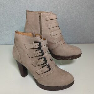 Sofft Taupe Suede Leather Buckle Strap Heeled‎ Ankle Boots Booties Women's 9.5M